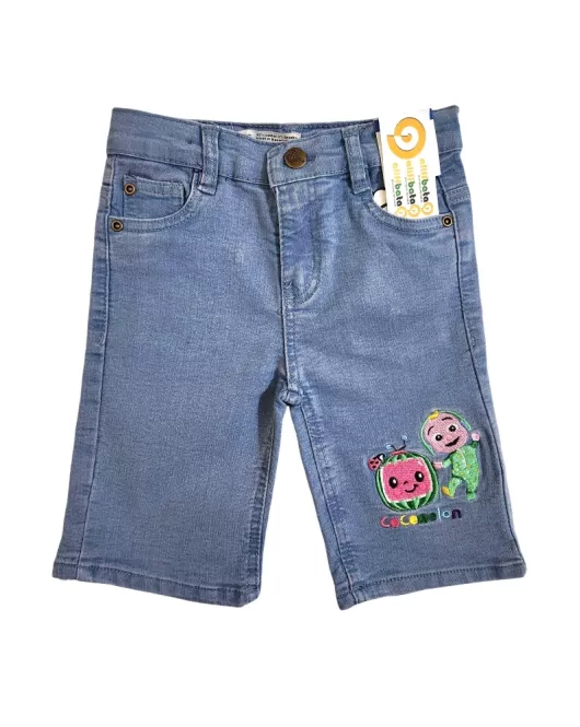 Short Pants - Stretch Denim, Light Blue - Fashion Cocomelon Embroidery